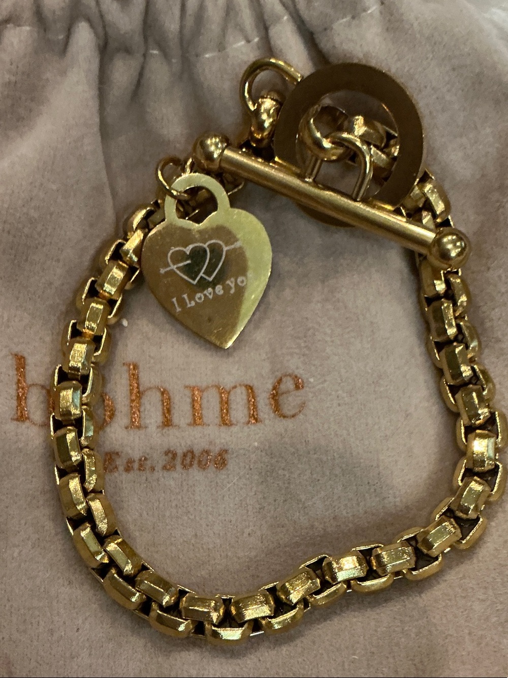 Böhme Gold-Tone Box Chain Toggle Bracelet with "I Love You" Heart Charm